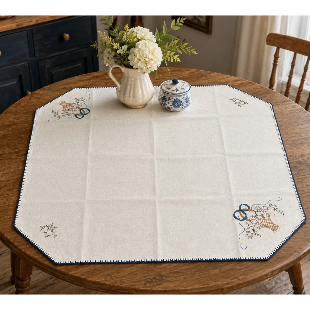 Vintage Handmade Embroidered Table Topper 30x33 Blue Floral Cottage Farmhouse